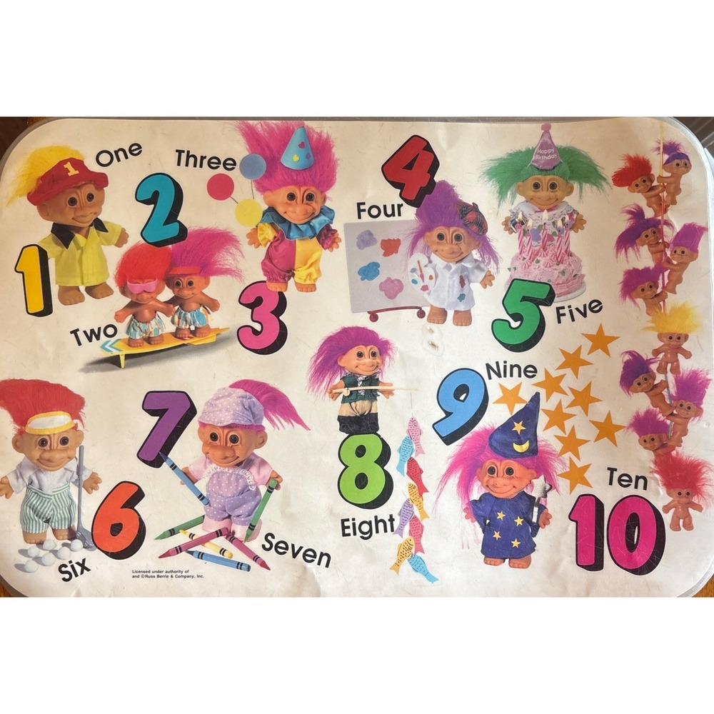 2 Vintage Russ Berrie Troll Laminated Place Mats Alphabet & Numbers